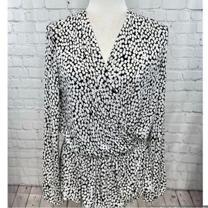 Adrianna Papell Faux Wrap Peplum Blouse Black and White Medium